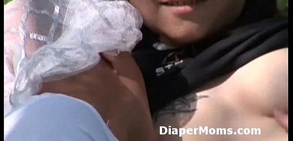  Brunette mom breast feeds adult baby in pajamas then he is assfucked by strapon